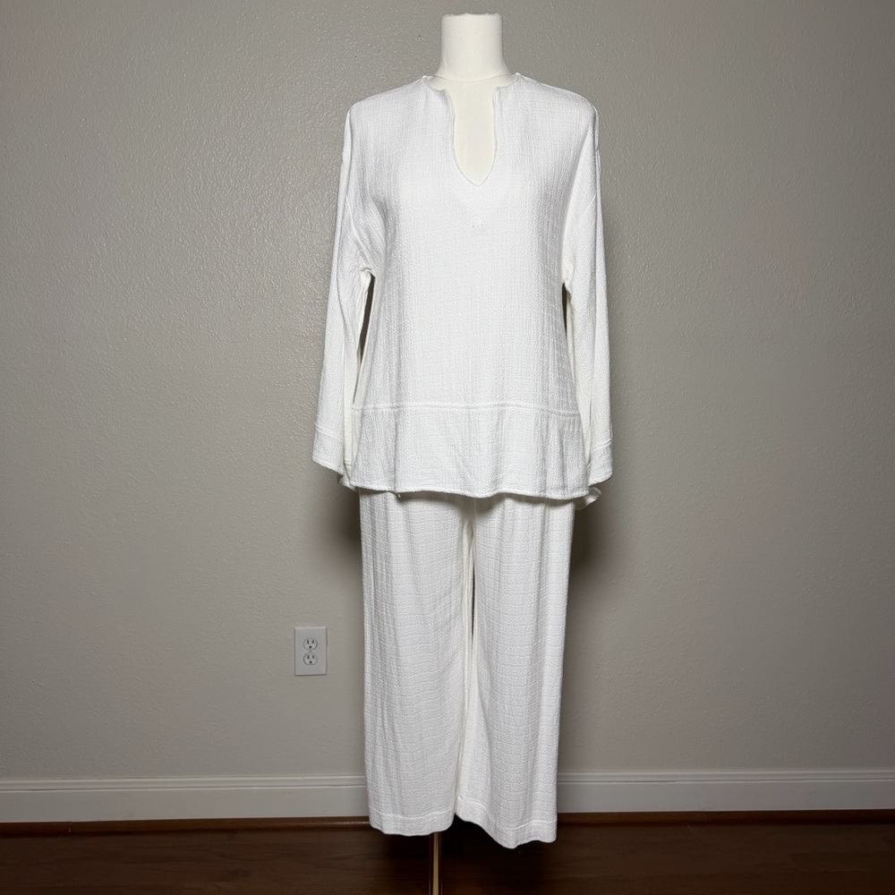 White Linen Blend Textured Tunic Top & Wide Leg Pants Set (Size S)